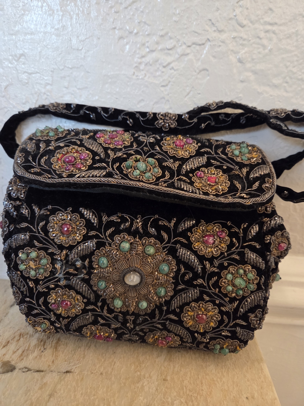 Vintage Purse Genuine Silver and Gold Threaded Details, With Real Jade and Moon